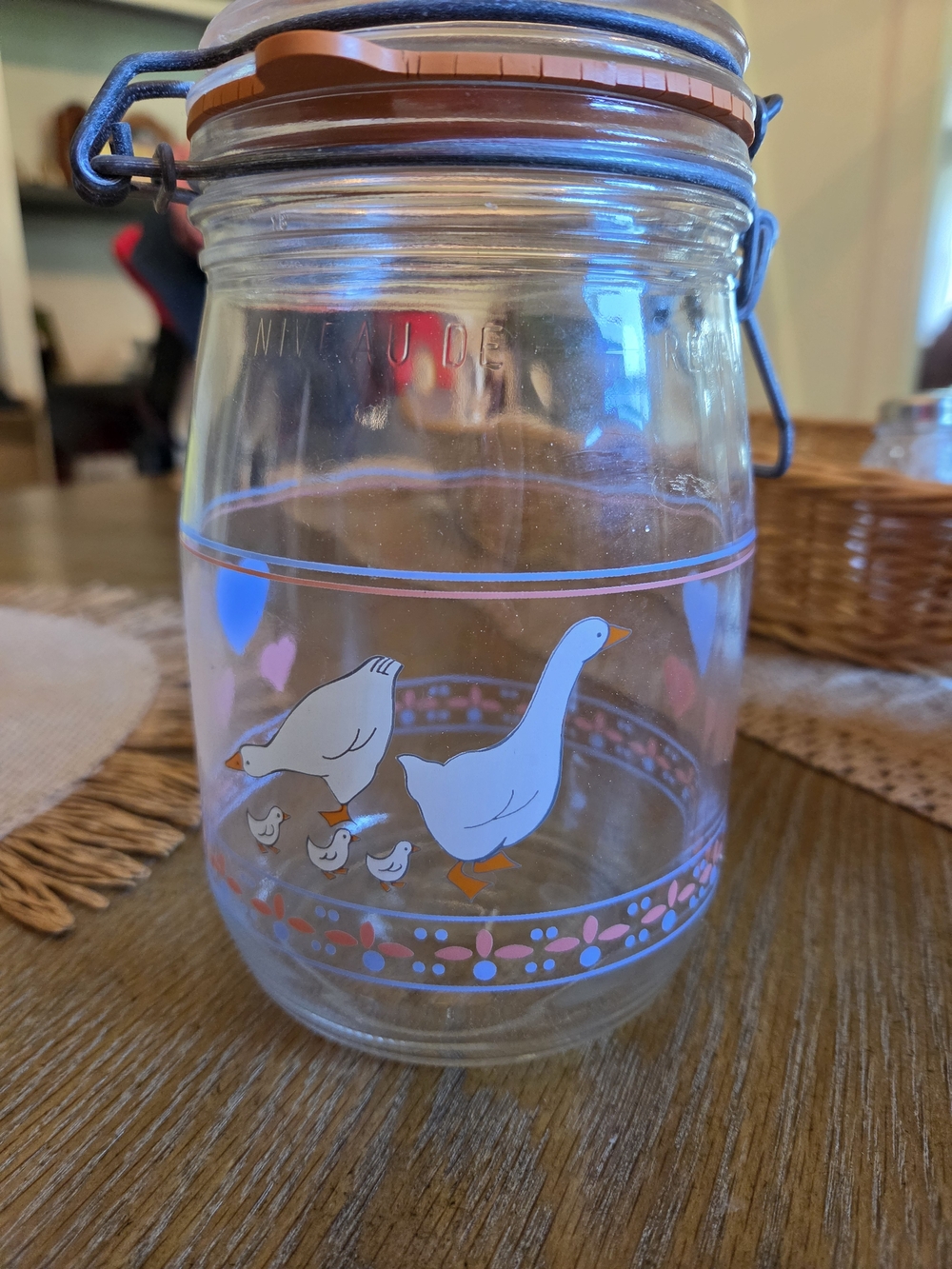 Vintage Glass Jar with Goose Family Print - Pink & Blue Floral Trim